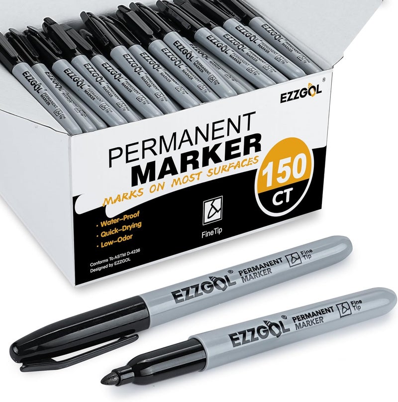 Ezzgol Permanent Markers Bulk, 150 Pack Fine Tip Black Permanent Markers, Waterproof Markers, Premium Smear Proof Pens, Quick Drying, Office Supplies for School, Office, Home - Image 1